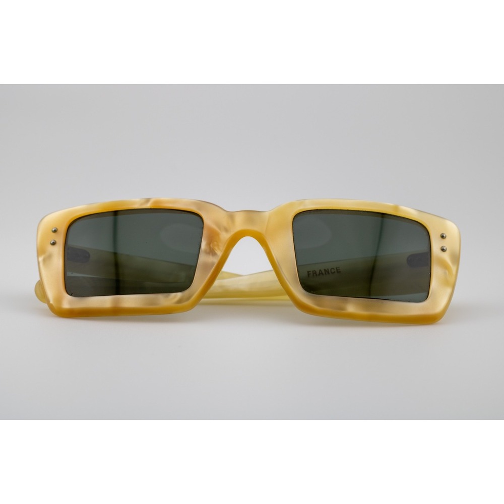 Vintage 80s France Pearlescent Acetate Rectangular Sunglasses Cream Marble Retro